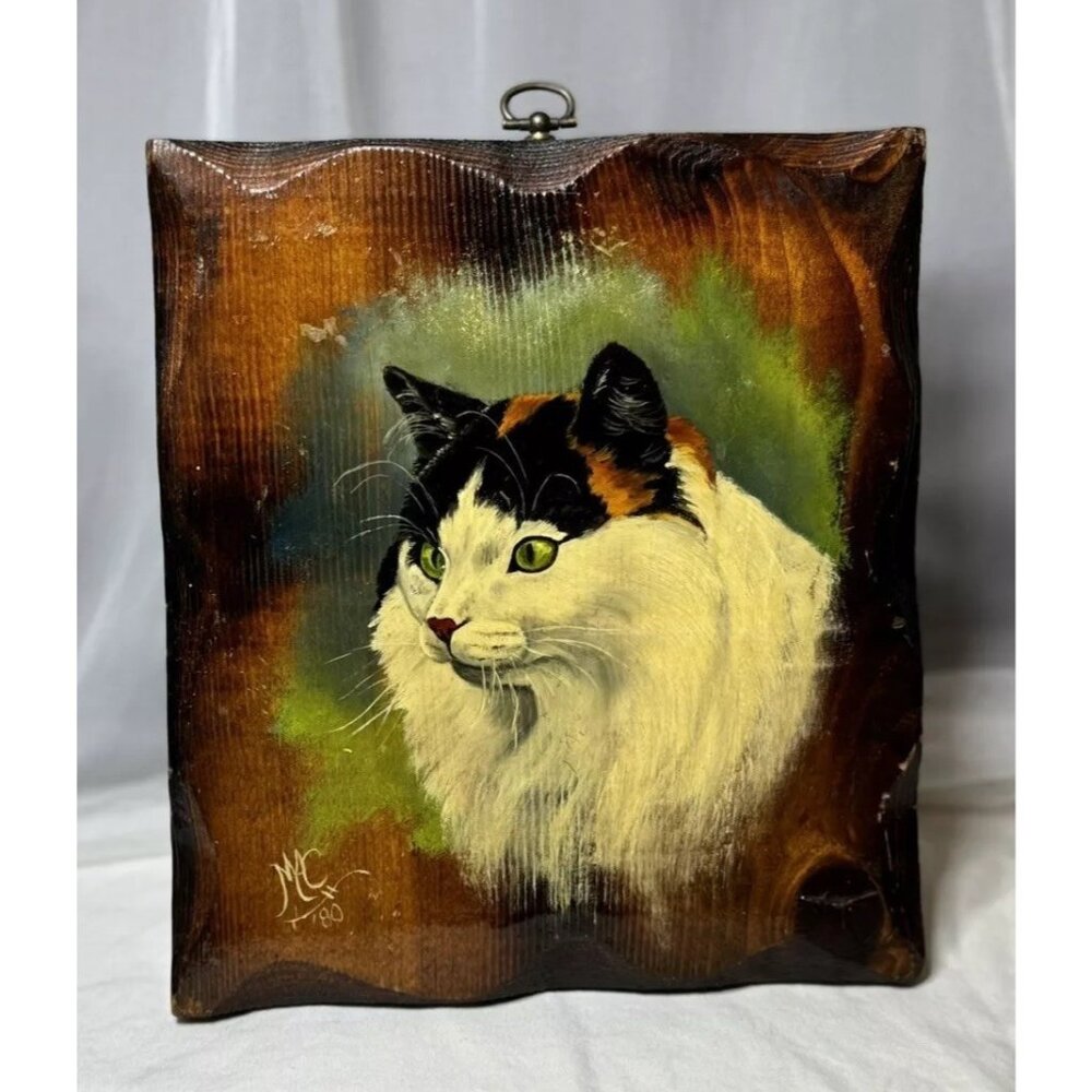 1980 Wood Wall Plaque Lacquer Calico Cat Green Eyes Long Hair Signed MAC